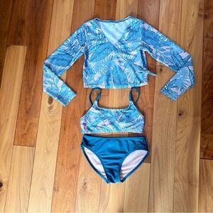 Art Class Girls Long Sleeve Palm Print Three Piece Set Teal size M (7/8)